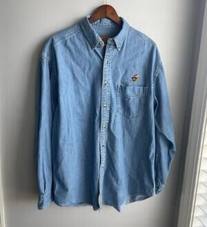 Vintage Denim Button Down 100% cotton Shirt Embroidered KU Jayhawk sz XL